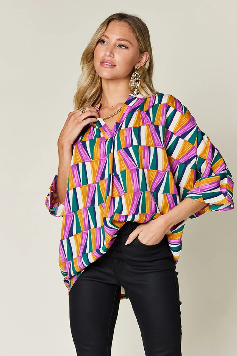 Double Take Full Size Geometric Notched Dolman Sleeve Top Double Take Full Size Geometric Notched Dolman Sleeve Top
